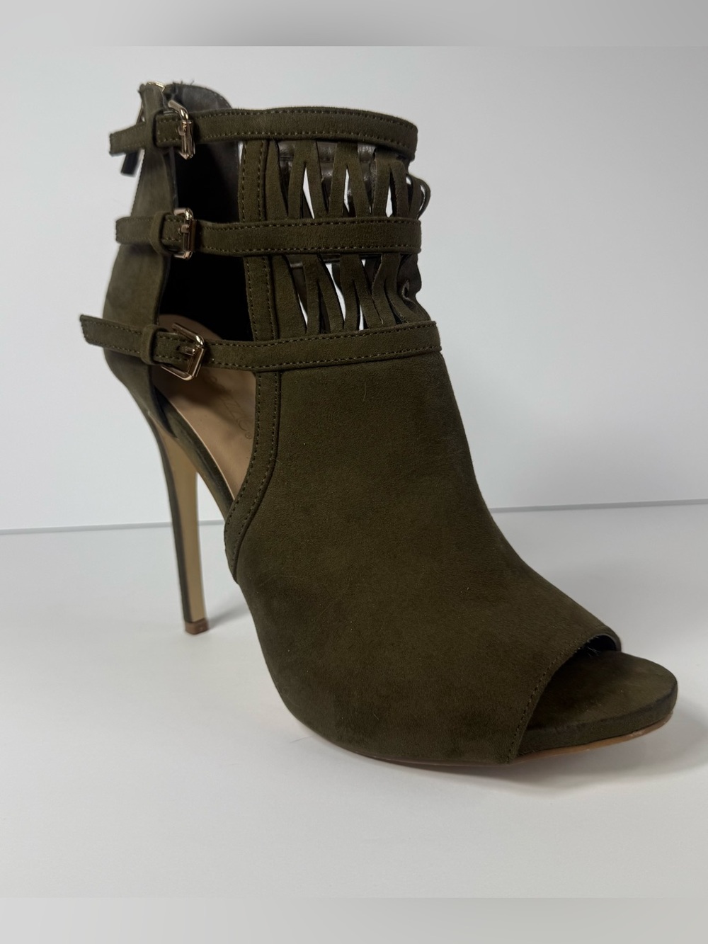 ShoeDazzle Olive Green Faux Suede Caged Strappy Peep Toe Booties Size 9